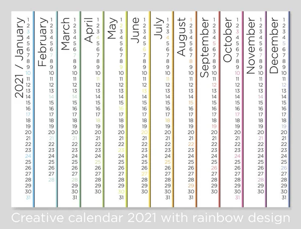 Kreativ Gregoriansk Kalender För 2021 Sida 210X297Mm Med Regnbågsränder Veckan — Stock vektor