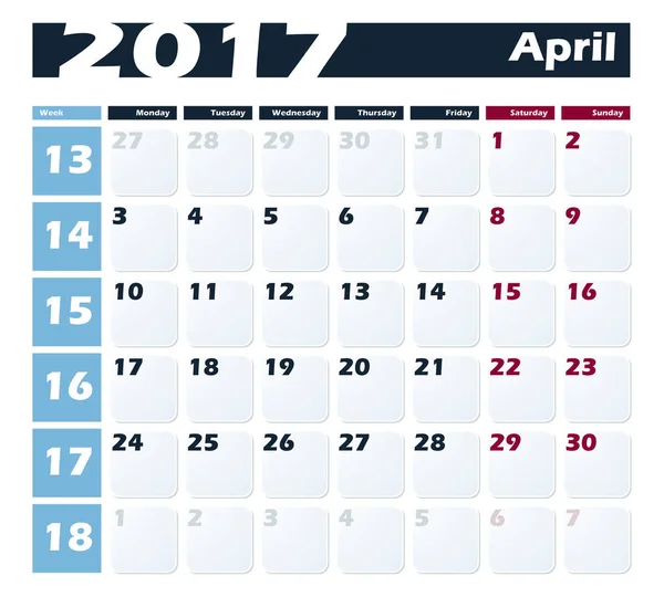 Kalender 2017 April vector ontwerpsjabloon. Week begint met maandag. Europese versie — Stockvector