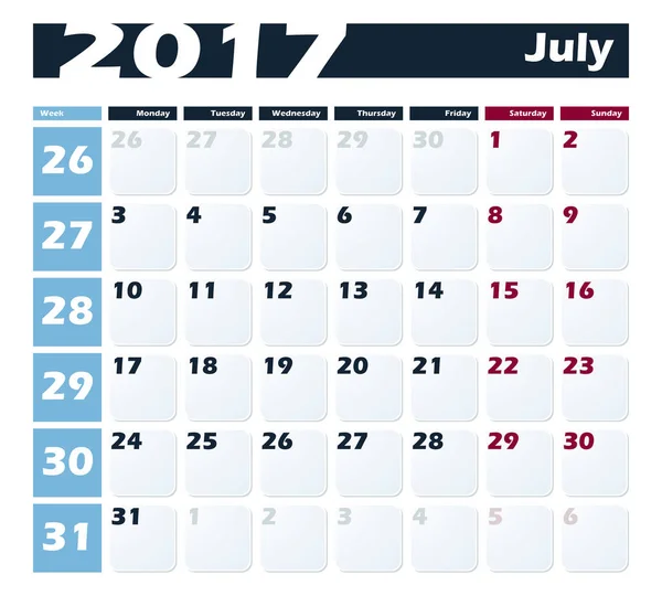 Takvim 2017 Temmuz vektör tasarım şablonu. Hafta Pazartesi ile başlıyor. Avrupa versiyonu