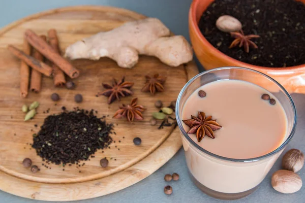 Indian masala tea with ginger, cinnamon, cardamom, star anise and other spices