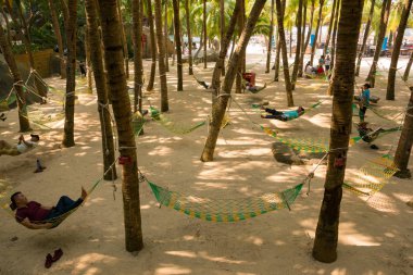 Hainan, Çin - 26.10.2017: insanlar hamak içinde park palmiye ağacı üzerinde dinlenme