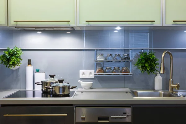 Современная кухня дома с посудой для котят — стоковое фото