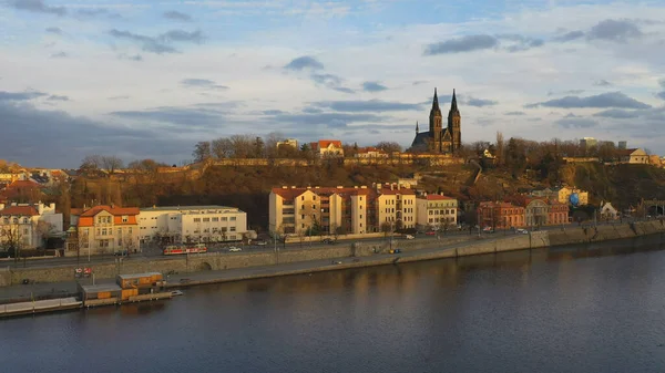 Aerial view of Vesehrad over river Vltava at sunset light in winter time in Prague, Czech republic — Stock Photo, Image
