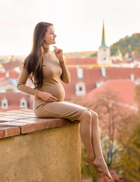 Pregnant woman in Prague park with red roof view in autumn in Prague, Czech Republic