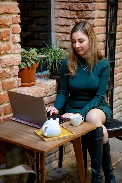 Portrait of a young woman freelancer using laptop computer for distance job while sitting in modern coffee with the cup of tea