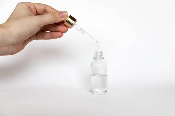 Hyaluronic Acid Drop Falls Cosmetic Pipette White Background Dropper Glass — 스톡 사진