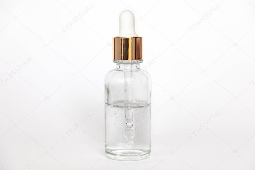 Dropper glass Bottle Mock-Up wth hyaluronic acid on white background, beauty serum, cosmetics industry