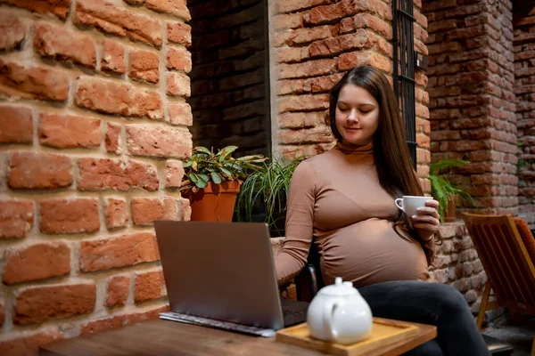 Porträtt Ung Gravid Kvinna Frilansare Med Bärbar Dator För Distansarbete — Stockfoto