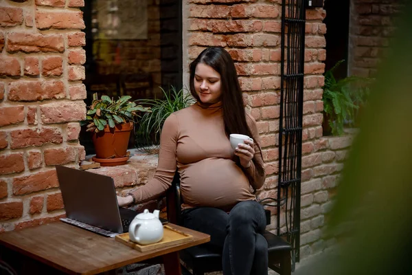 Porträtt Ung Gravid Kvinna Frilansare Med Bärbar Dator För Distansarbete — Stockfoto