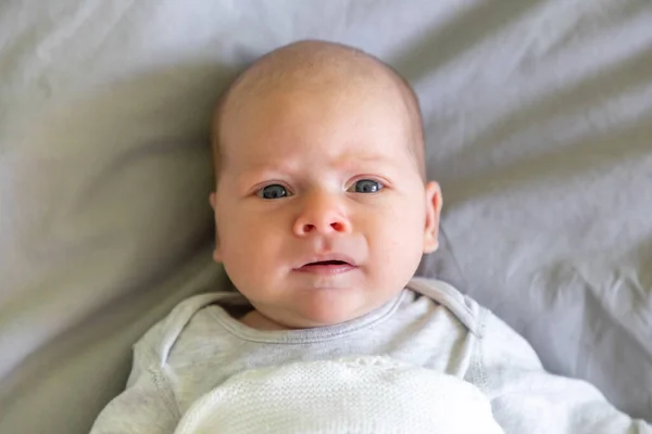 Retrato de cerca de un hermoso bebé de un mes sobre una manta gris — Foto de Stock