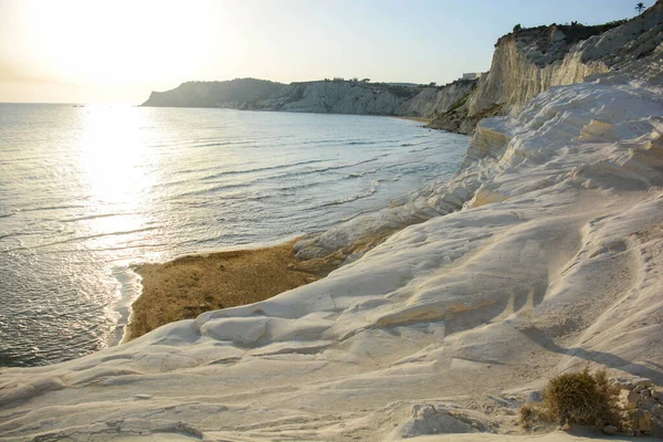 Pohled Scala Dei Turchi Sicílii Při Západu Slunce Kdy Nejvíce — Stock fotografie