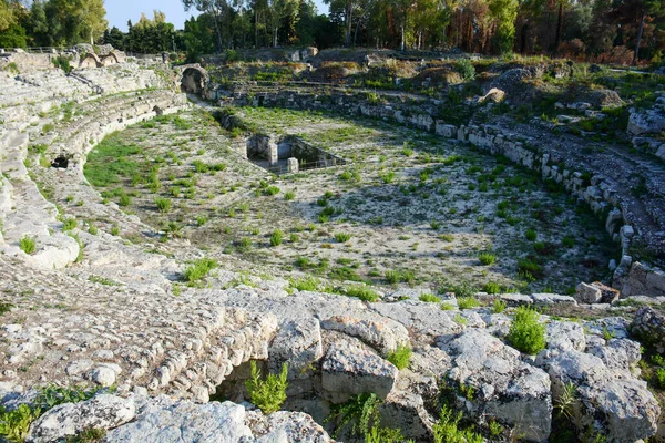 Views Perspectives Roman Amphitheater Syracuse Sicily Italy Weed Removal Works — Stock Photo, Image