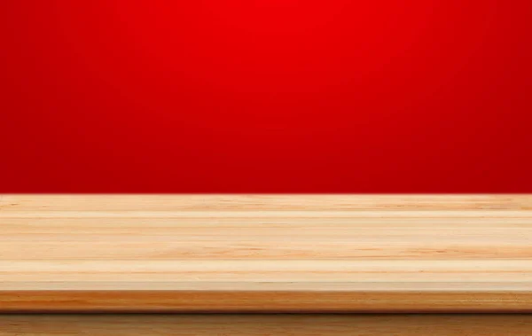 Mesa de madeira vazia com fundo de Natal vermelho para o produto pla — Fotografia de Stock