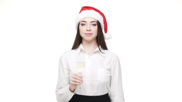 Businesswoman with a glass of champagne celebrates for Christmas day — Stock Video