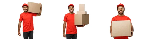 Concepto de entrega - Conjunto de retrato del repartidor afroamericano feliz en tela roja sosteniendo un paquete de caja. Aislado en fondo de estudio blanco. Copiar espacio —  Fotos de Stock
