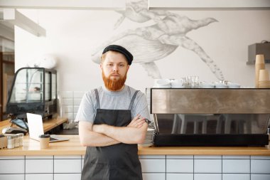 Kahve iş sahibi kavramı - mutlu genç portresi kahvehane sayaç kamerada kendine güvenen bakarak ile önlük beyaz barista sakallı..