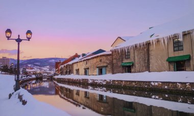 Otaru Canel görünümünü gün batımı, Hokkaido - Japonya ile kış sezonu