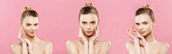 Piękno pojęcie zestaw - piękne kaukaski kobieta z czystej skóry, naturalny makijaż na białym tle na jasnym tle różowy z miejsca kopii. — Zdjęcie stockowe