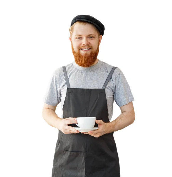 Власник кавового бізнесу Концепція - Портрет щасливої молодої бородатої кавказької бариста в фартусі з впевненим виглядом обслуговування гарячої кави клієнту в кав'ярні лічильника . — стокове фото
