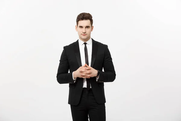 Business Concept - Ritratto Bello Uomo d'affari in giacca e cravatta che si tiene per mano con viso sicuro. Sfondo bianco . — Foto Stock