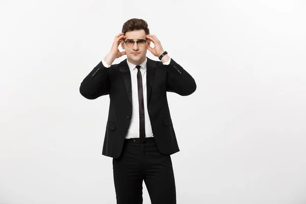 Business Concept: Portrait handsome young businessman wearing glasses isolated over white background — Stock Photo, Image