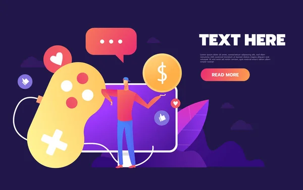 コンピュータ上でオンラインコンソールコントローラを再生するビデオゲーム画面とゲーマーの人。クリエイティブデザイン開発ベクトルイラスト — ストックベクタ