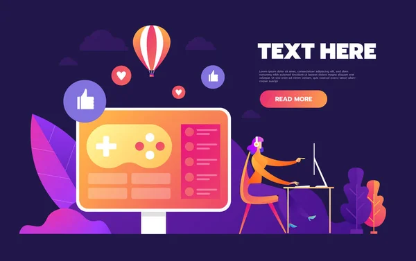 コンピュータ上でオンラインコンソールコントローラを再生するビデオゲーム画面とゲーマーの人。クリエイティブデザイン開発ベクトルイラスト — ストックベクタ