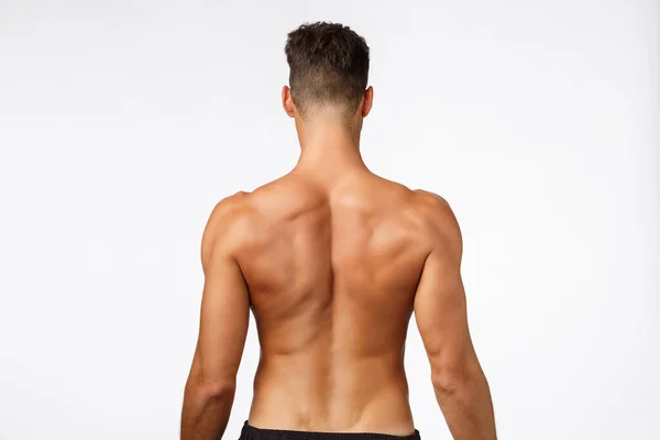 Attractive sportsman rear view, masculine strong back, athlete posing from behind, showing perfect body, muscles and abs, standing white background, promote workout, gym membership and fitness — ストック写真