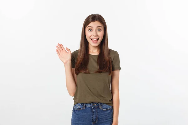 Ganhar mulher de sucesso feliz extático celebrando ser um vencedor. Imagem dinâmica energética do modelo feminino caucasiano isolado sobre fundo branco — Fotografia de Stock