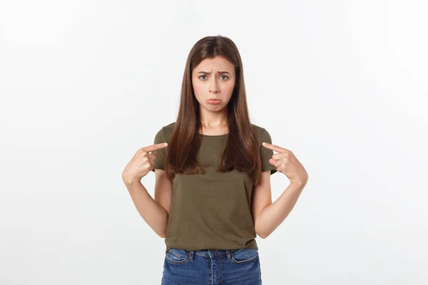 Bela jovem elegante mulher sobre isolado fundo apontando mão e dedos com triste expressão . — Fotografia de Stock