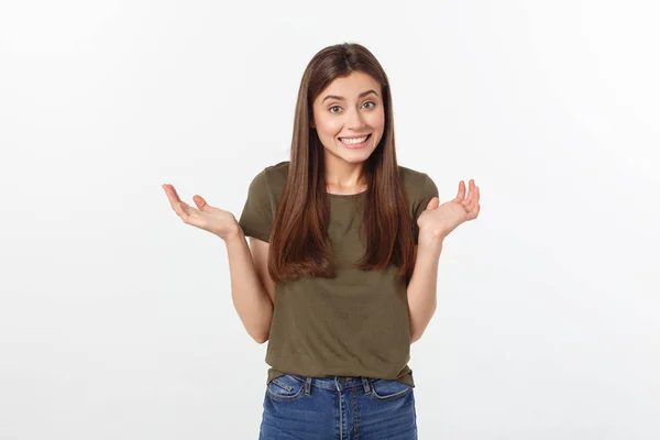 Menina com um olhar suspeito e mão em seu lado em um fundo isolado branco . — Fotografia de Stock