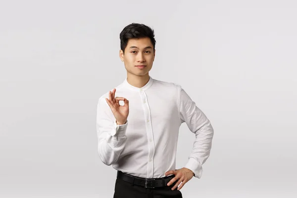 Dobrá práce, dobrá práce. Fešák asertivní mladý úspěšný asijský podnikatel ve formálním oblečení, ukazuje v pořádku, dobré ok gesto a vzhled fotoaparát, schválit něčí výběr, bílé pozadí — Stock fotografie