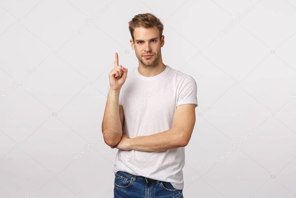 I got solution. Charming clever blond bearded male coworker have suggestion, raise index finger eureka gesture, smirk assertive and pleased with himself, standing self-assured white background