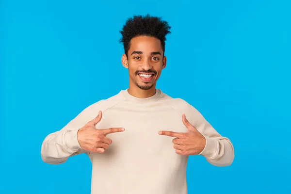 I am the one. Cheerful and friendly confident lucky african american male with hipster afro haircut, pointing himself, want participate, volunteer, bragging or talking boastful personal achievement — Stock Photo, Image