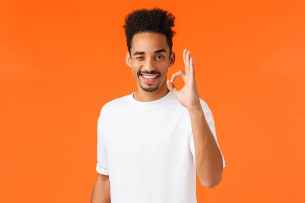 No proble, alright. Confident and outgoing good-looking african-american bearded guy with hipster afro haircut, wink and smiling showing okay gesture, assure all good, approve or recommend — Stock Photo, Image