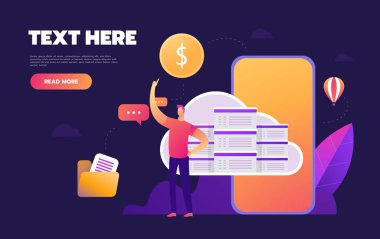 Düz stil bulut bilgi işlem ve iletişim teknoloji kavramı ile hareket eden telefon.