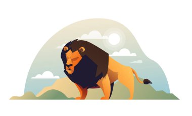 Bahçede şirin bir yaz aslanı karikatürü, çizim vektörü serbest çizim karikatürü