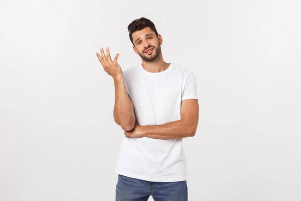 Close-up portret van teleurgesteld gestrest baard jongeman in shirt over witte achtergrond. — Stockfoto