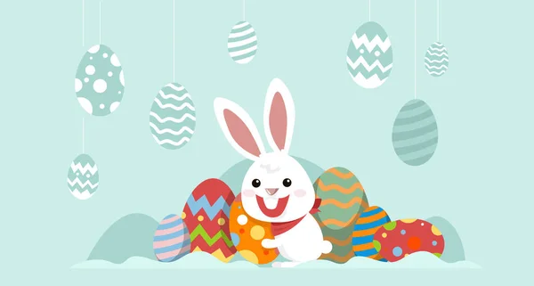 Happy Easter Banner Background. Vector Illustration. Spring Holiday Concept, place for text. Flat Icons - Rabbit and Easter egg.