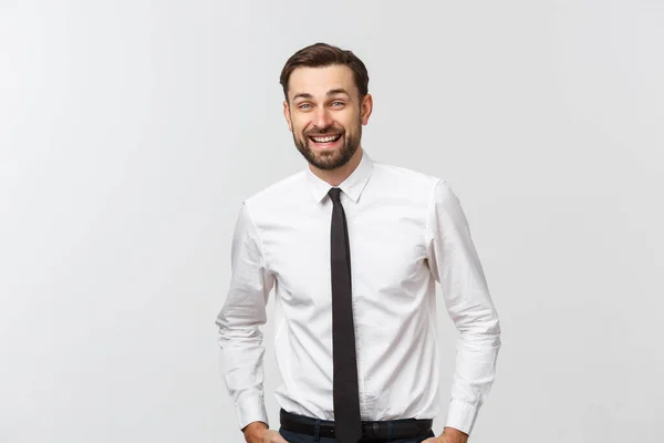 Retrato de jovem feliz sorridente homem de negócios, isolado sobre fundo branco — Fotografia de Stock