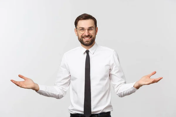 Young happy businessman gesturing with hands and showing balance or do not care. — Stock Photo, Image