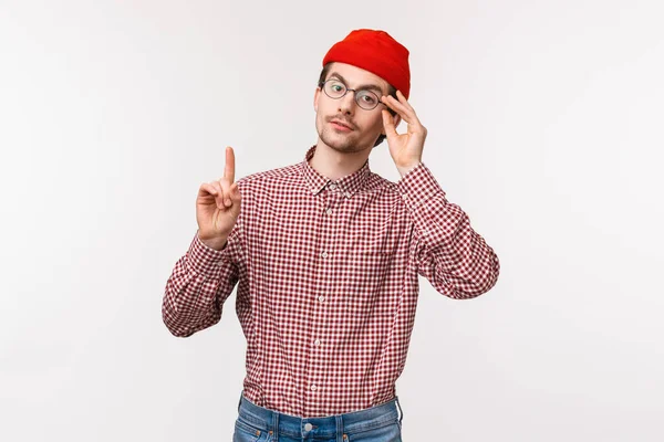 顔、 Tと白の背景に眼鏡を固定し、彼の意見を追加する1本の指を上げます。 — ストック写真
