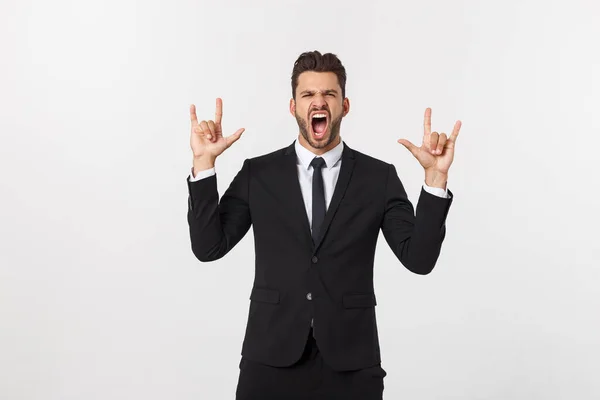 Portret van een energieke jonge zakenman geniet van succes, schreeuwen tegen wit - Geïsoleerd. — Stockfoto