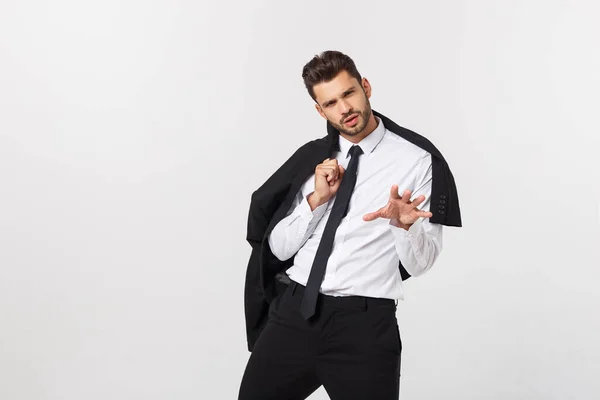 Retrato de hombre guapo confiado sosteniendo su traje, aislado sobre fondo blanco — Foto de Stock