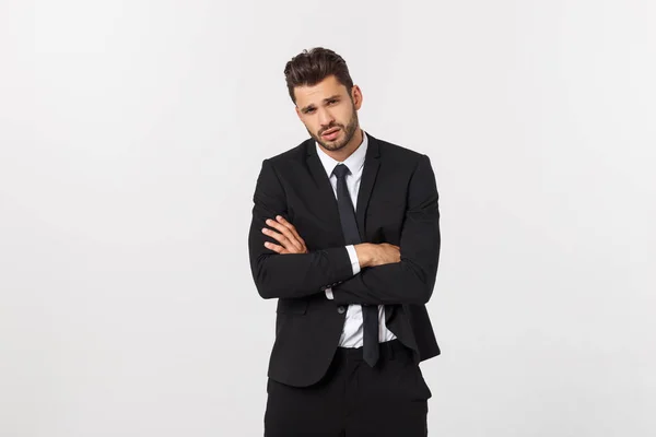 Feliz hombre de negocios sonriente mirando a la cámara con satisfacción, aislado sobre fondo blanco — Foto de Stock