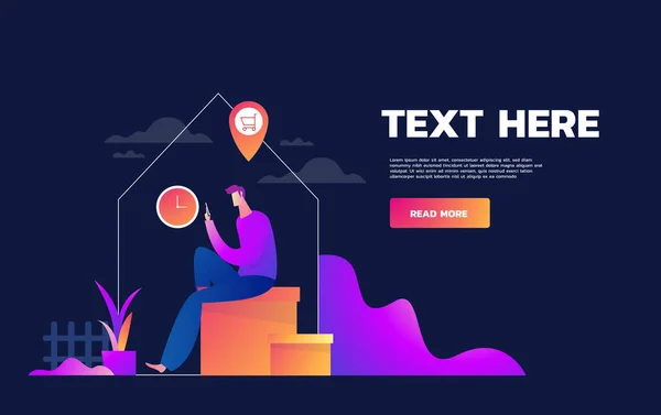 Coronavirus Epidemic Quarantin. Young Man Shop on Online. Consumerism on Smartphone Mobile App.买在家里。幸存的COVID 19 。平面矢量图解 — 图库矢量图片