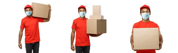 Delivery Concept - Set van Portret van Happy African American delivery man met gezichtsmasker in rode doek met een doos pakket. Geïsoleerd op witte studio achtergrond. Kopieer ruimte. — Stockfoto