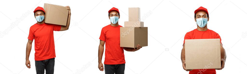 Delivery Concept - Set of Portrait of Happy African American delivery man with face mask in red cloth holding a box package. Isolated on white studio Background. Copy Space