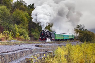Buharlı tren dağlarda viyadük üzerinde