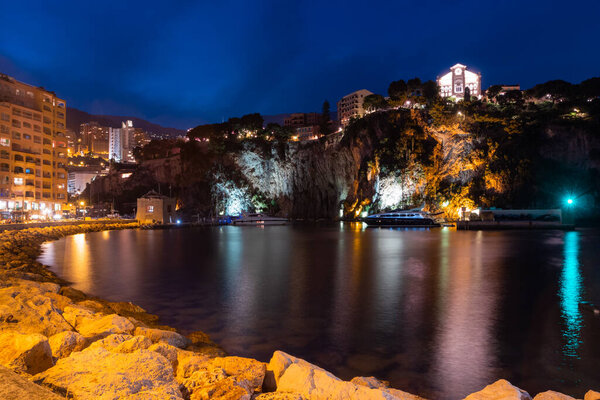 Night view on Fontvieille and Monaco Harbor and view at the Cathedral the Monaco